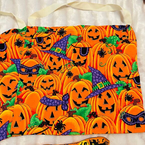 Handmade Halloween Candy Tote bags w/ties Jack O Lantern Pumpkins in Witch Hats - Picture 2 of 6